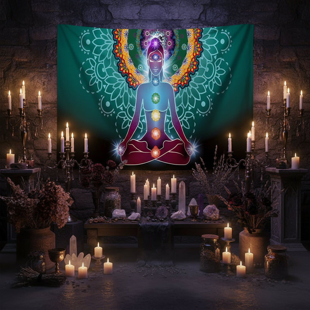 A large wall tapestry featuring a colorful meditating figure with chakras and ornate mandala-like wings on a dark teal background, displayed above a white sectional sofa in a styled living room.