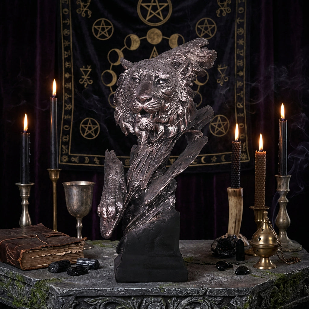 Bronze sculpture of a wolf on a wooden surface with a blurred background