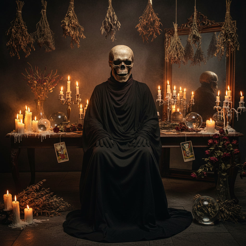 Skull mask worn by a person against a dark background