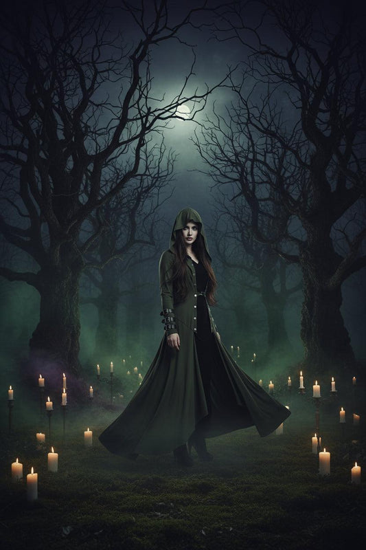 Long green coat with hood and black accents on a white background