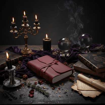 Red leather-bound book with a ribbon on a wooden surface with books and a plant.