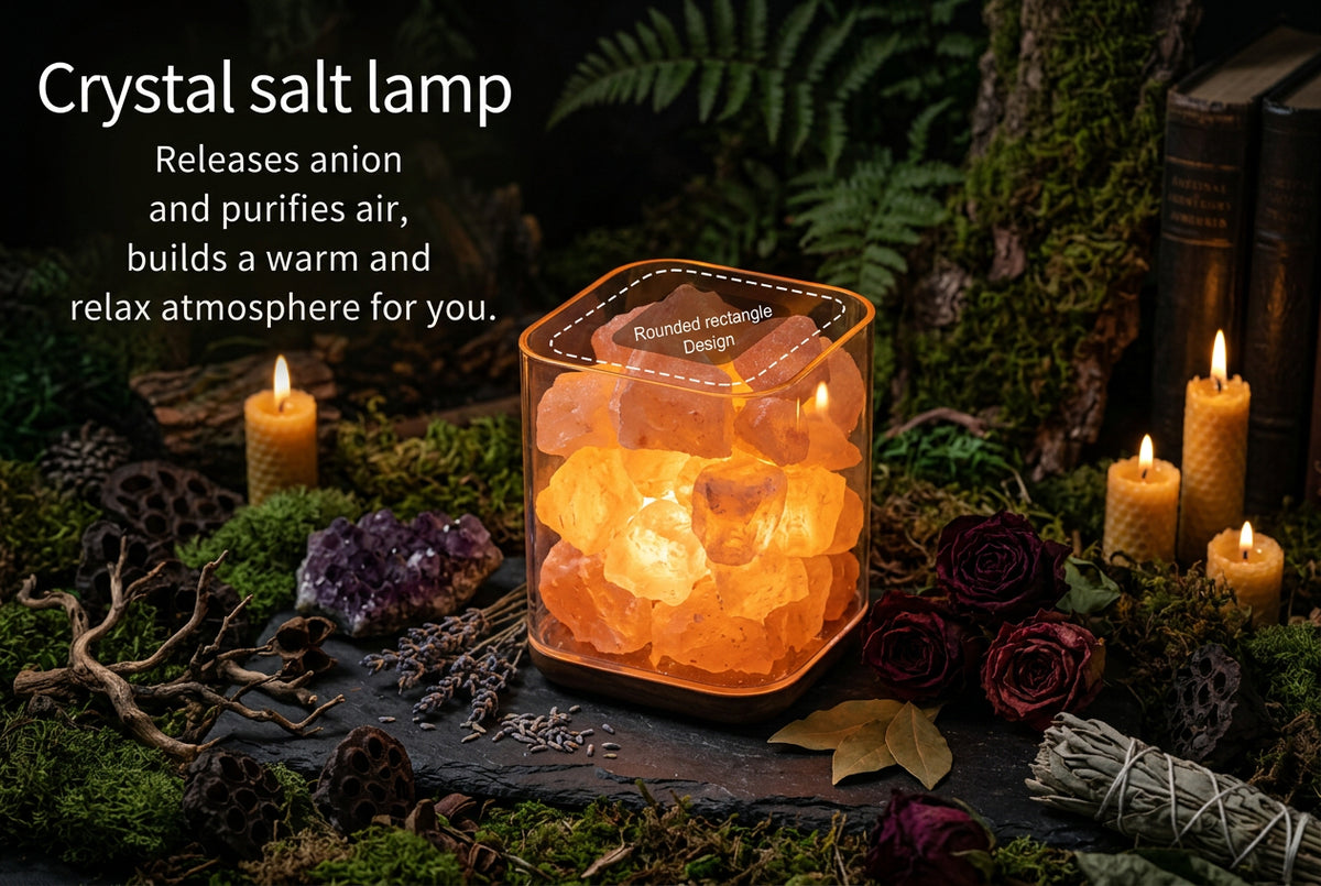 Crystal salt lamp with glowing interior, labeled 'Rounded rectangle Design'.