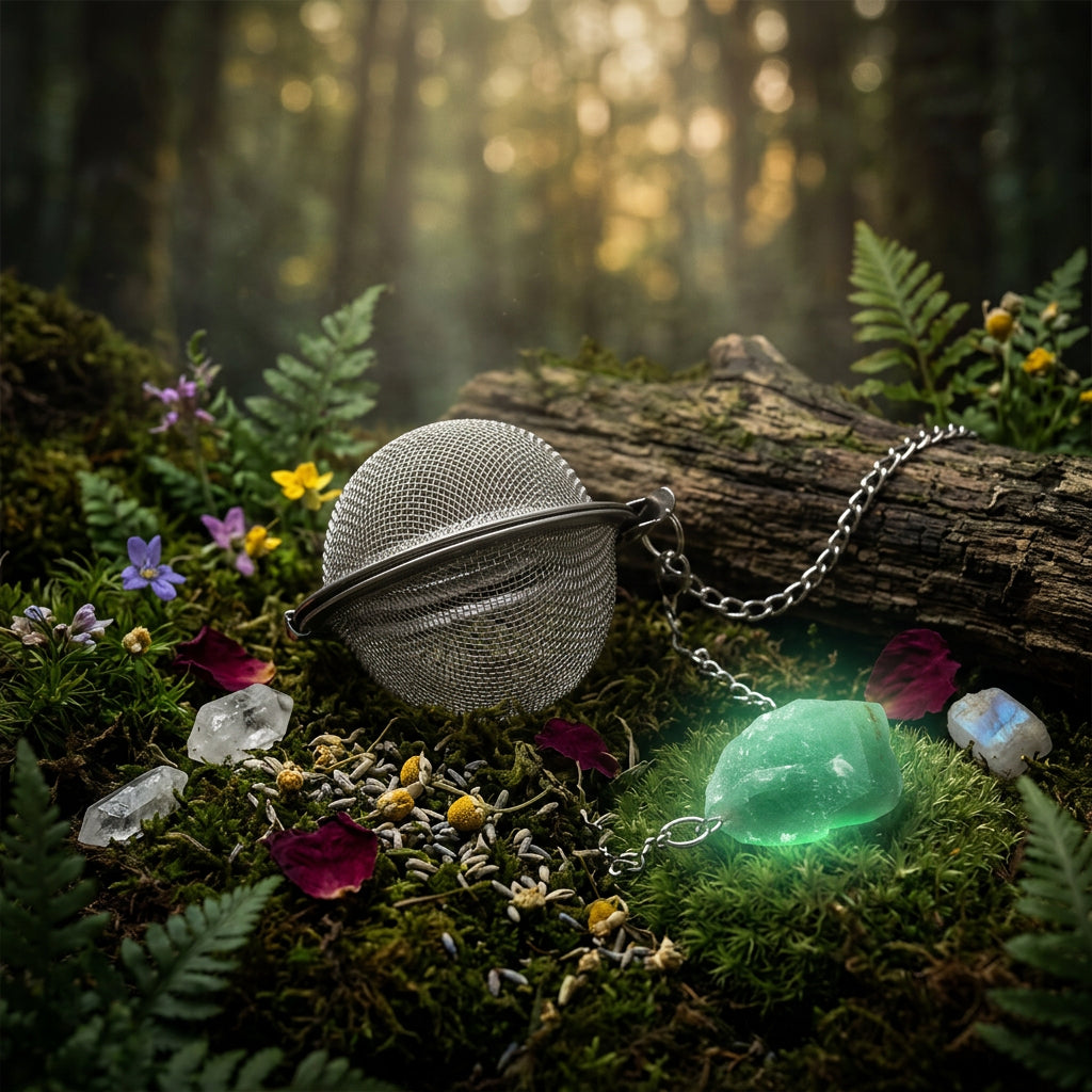 Metallic tea ball with a chain next to a green stone on a white background