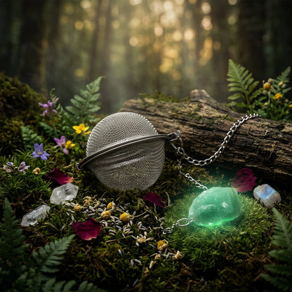 Metallic tea ball with a chain next to a green stone on a white background