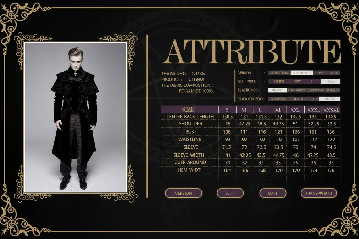 Fashion catalog page with a model wearing a black outfit and measurement chart on a white background.