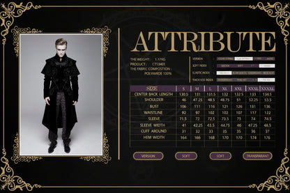Fashion catalog page with a model wearing a black outfit and measurement chart on a white background.