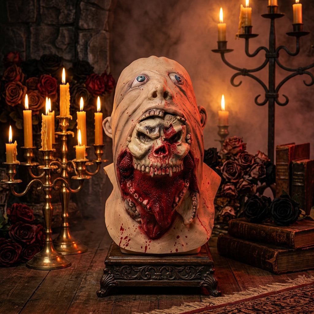 A horror prop mask depicting a severed, grotesque head with one eye open, blue eye makeup, a torn mouth, exposed skull, teeth, and heavy red blood splatter, shown against a plain white background.