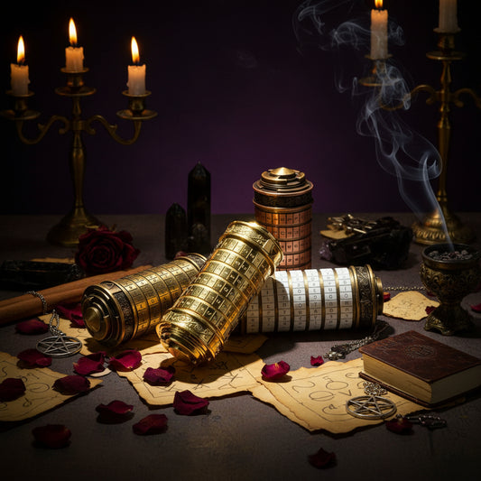 Set of metallic cylindrical objects with intricate designs on a white background