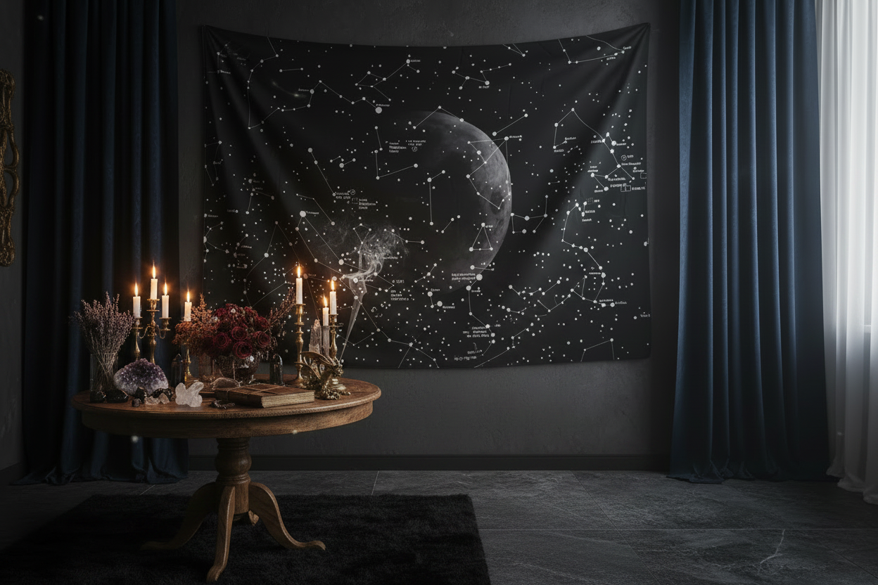 Star map tapestry with celestial design in a room setting.