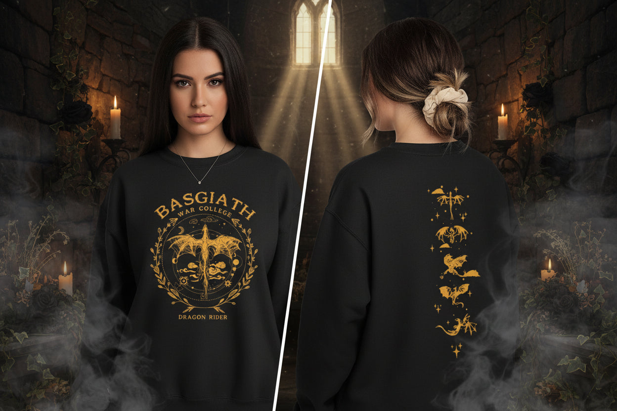 Black sweatshirt with gold dragon design and text on front and back