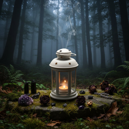 A white decorative lantern with star-shaped cutouts on the lid and sides, featuring a small dome top, glass panels, and a white handle, shown on a soft light background.