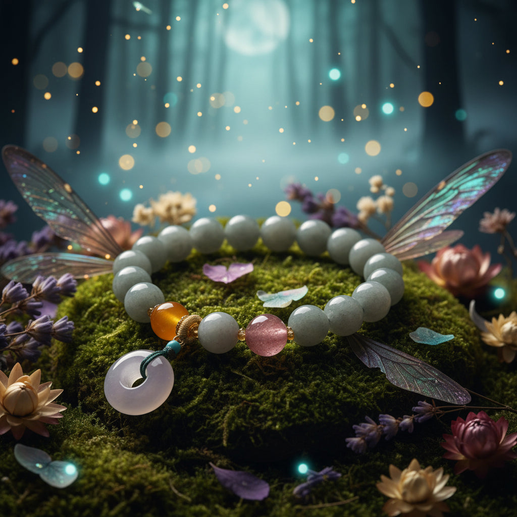 A beaded bracelet made of round pale green-gray beads, accented with one orange bead, one pink bead, gold-toned spacers, a small turquoise bead, and a dangling round translucent pale pink charm on a white background.