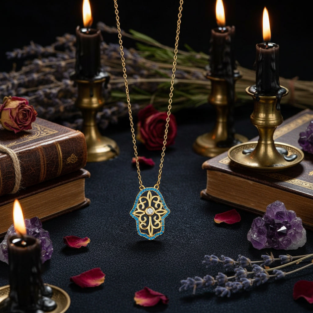 Gold hamsa hand pendant necklace with blue gemstone accents and a central clear stone, shown on a textured dark blue background.