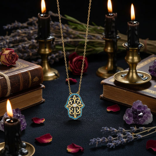 Gold hamsa hand pendant necklace with blue gemstone accents and a central clear stone, shown on a textured dark blue background.
