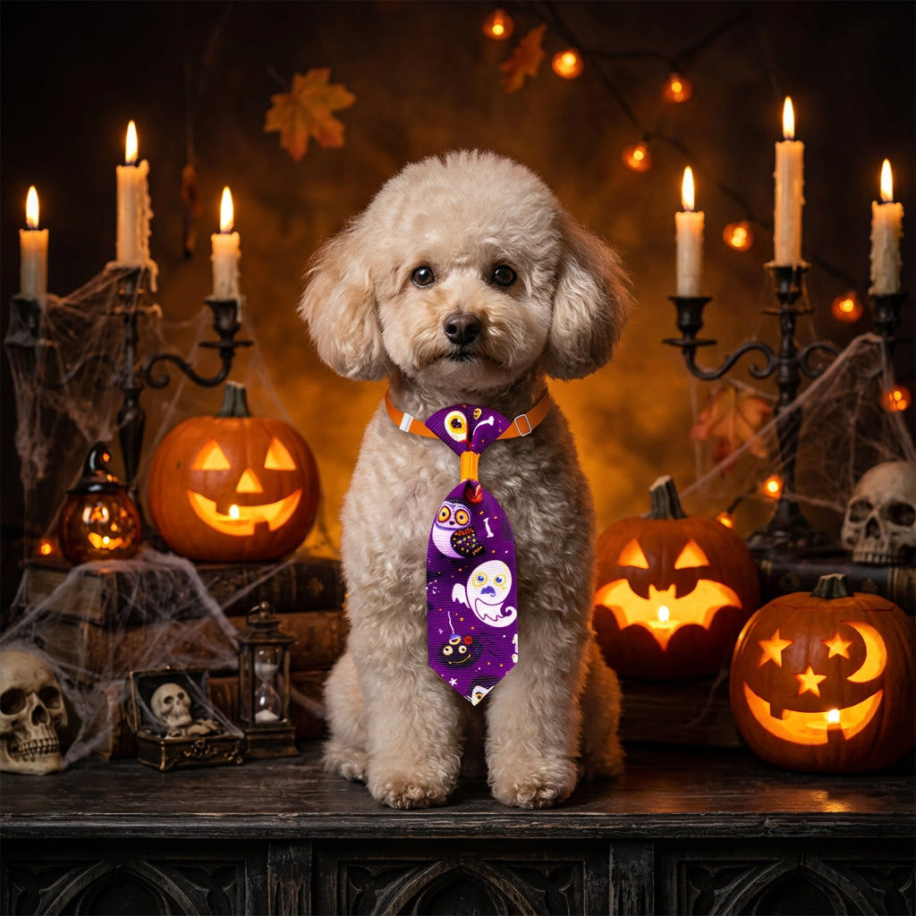 Halloween-themed purple tie with orange strap on a white background
