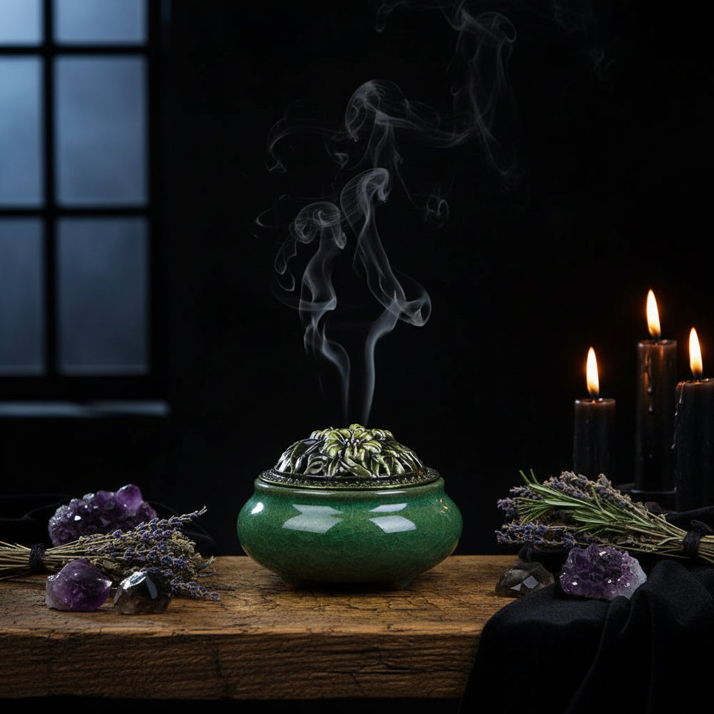 Green ceramic incense burner with floral design on a dark background
