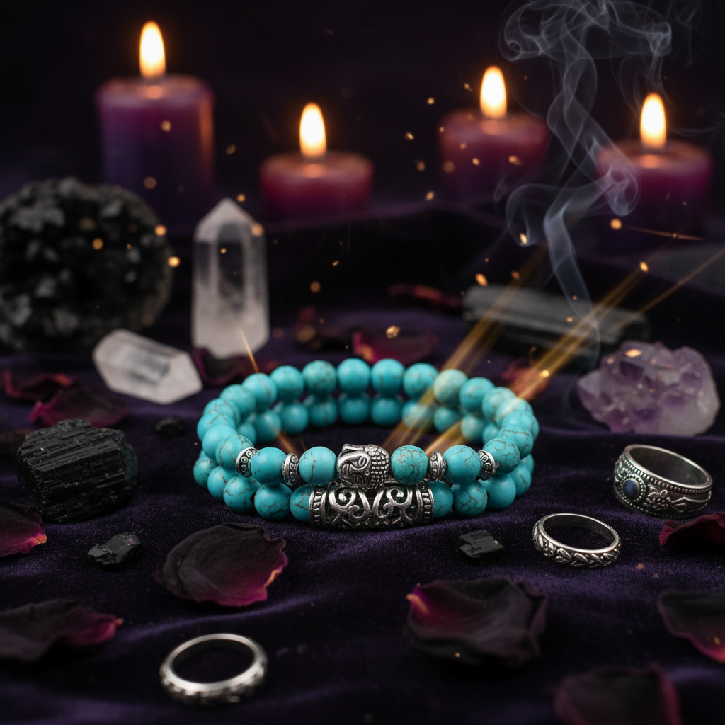 Turquoise beaded bracelet with a silver Buddha charm on a white background