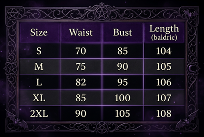 A size chart table with columns for Size, Waist, Bust, and Length (baldric), showing measurements from S to 2XL.