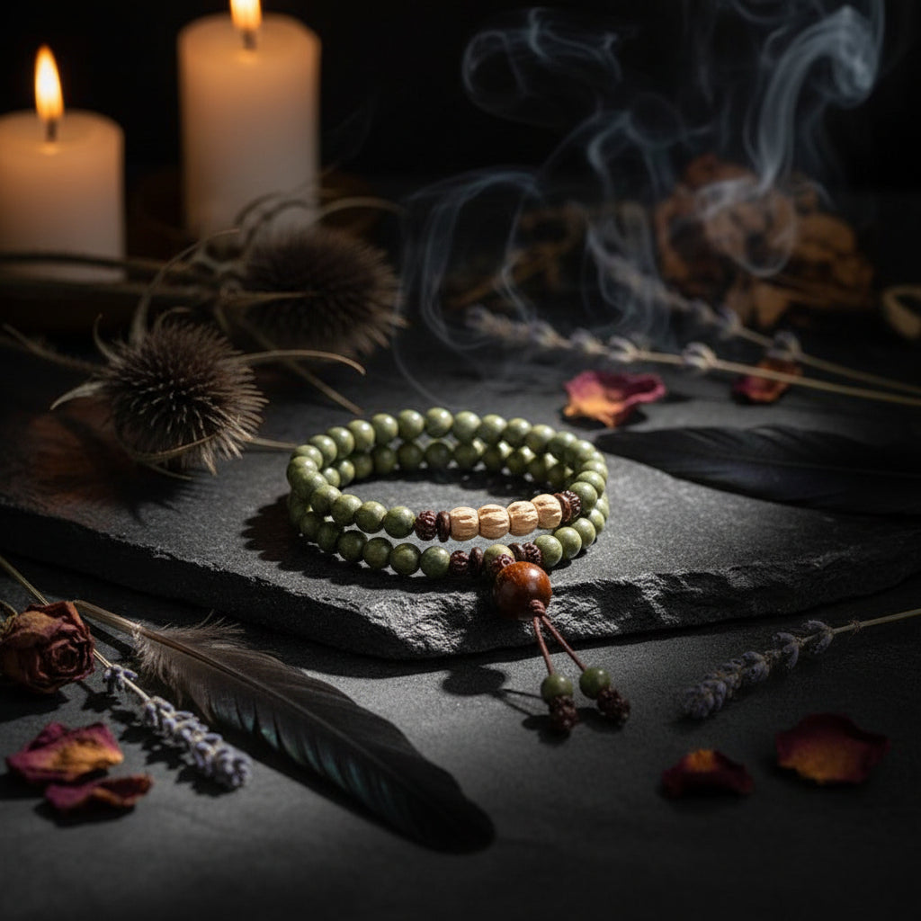 Green beaded bracelet with a brown bead on a light background