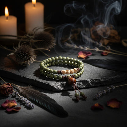 Green beaded bracelet with a brown bead on a light background