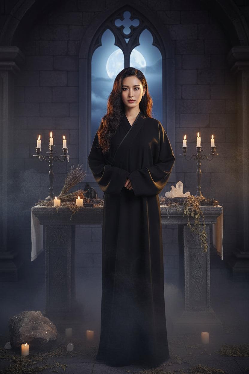 Person wearing a black robe with a white background and text