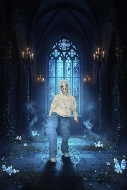 Person wearing a skeleton-themed hoodie and blue pants in an indoor setting with cars and pillars.