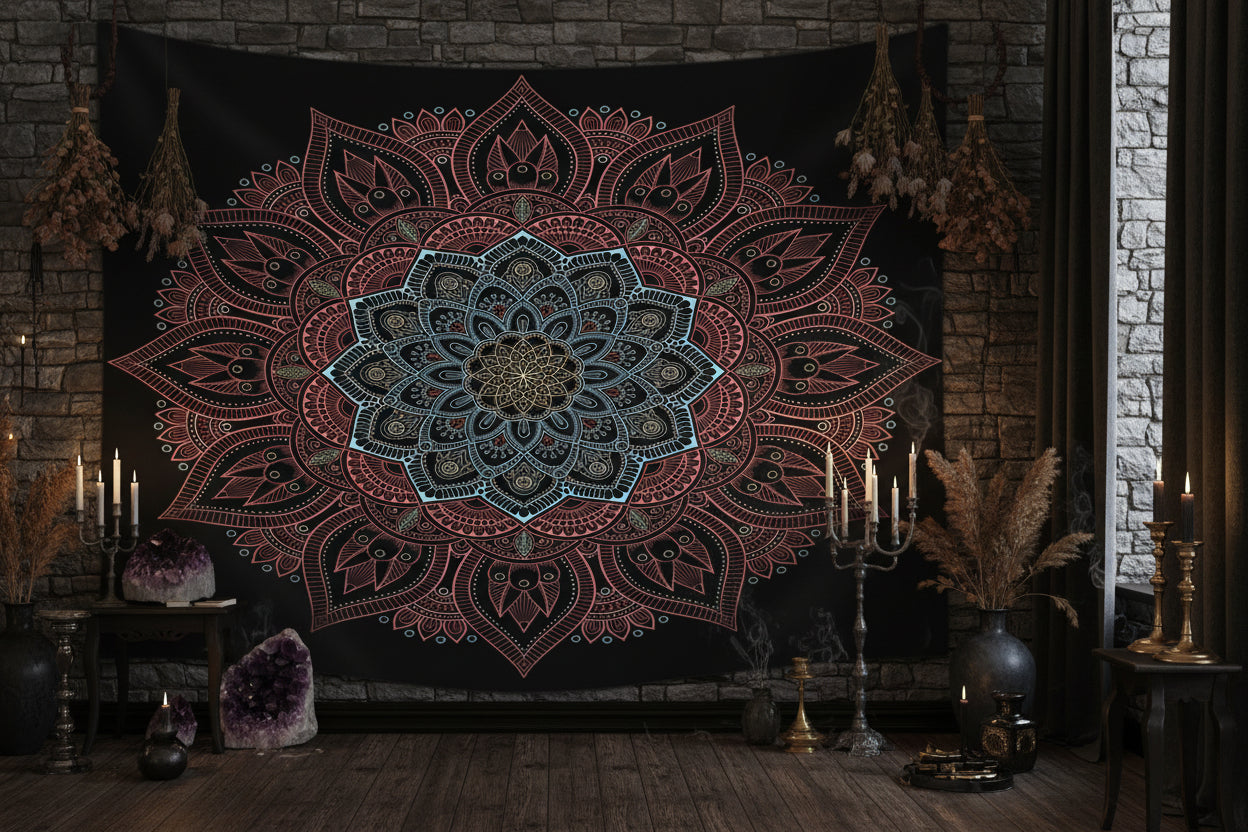 Mandala tapestry hanging on a wall in a room with wooden floor and decor items.