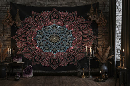 Mandala tapestry hanging on a wall in a room with wooden floor and decor items.