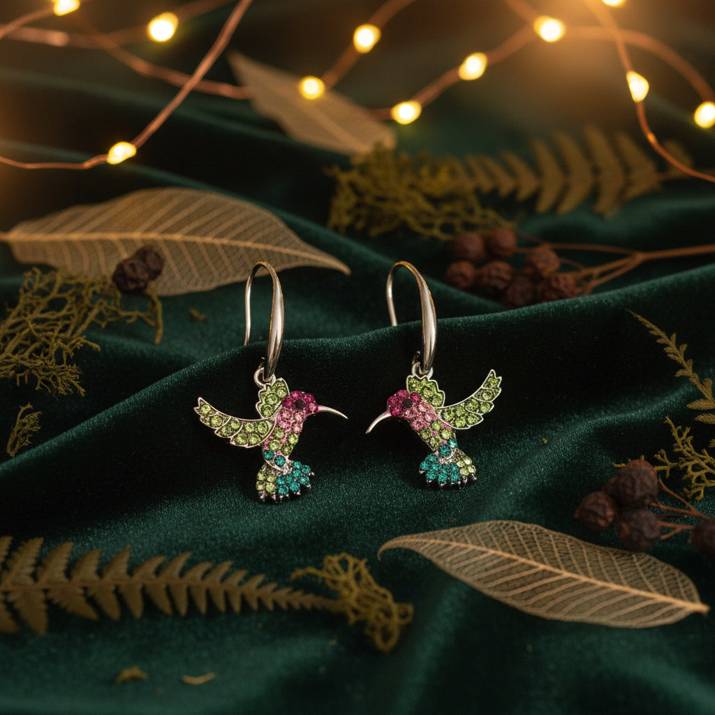 Colorful hummingbird-shaped earrings on a beige background