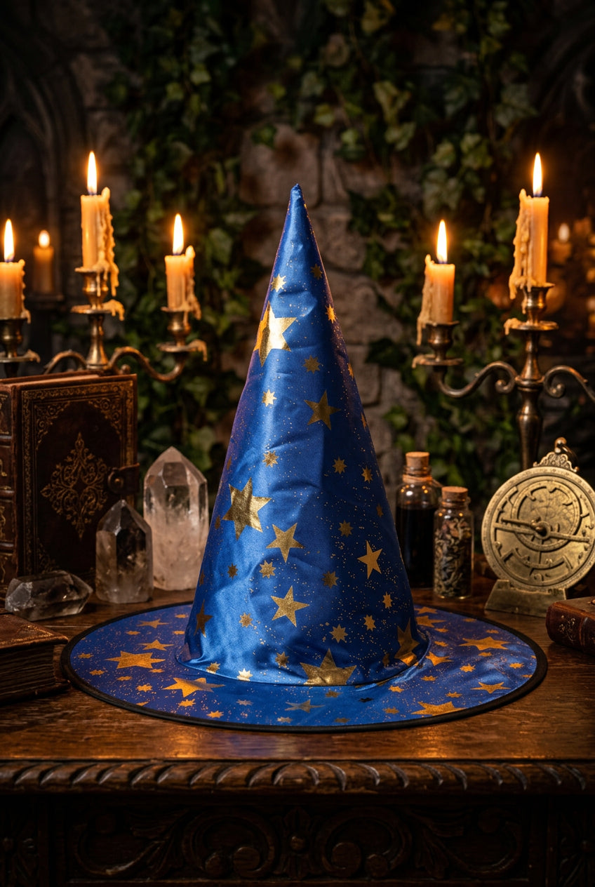 Blue witch hat with gold stars on a gray background