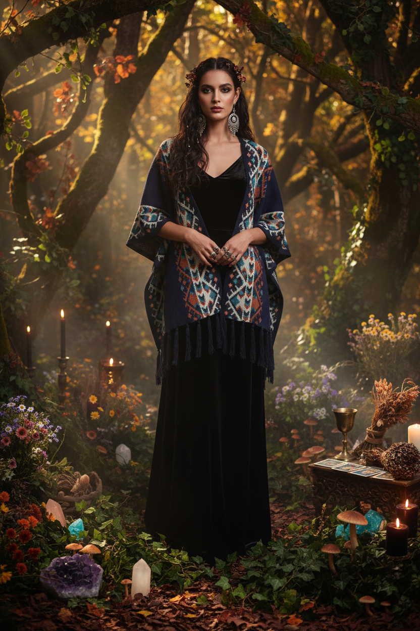 A woman stands in a mystical forest setting wearing a black long dress with a patterned shawl draped over her shoulders. The shawl features geometric tribal-style patterns in navy, teal, orange, and cream, with dark fringe.