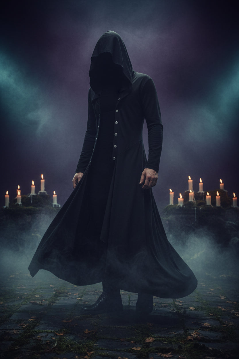 Black hooded coat on a white background