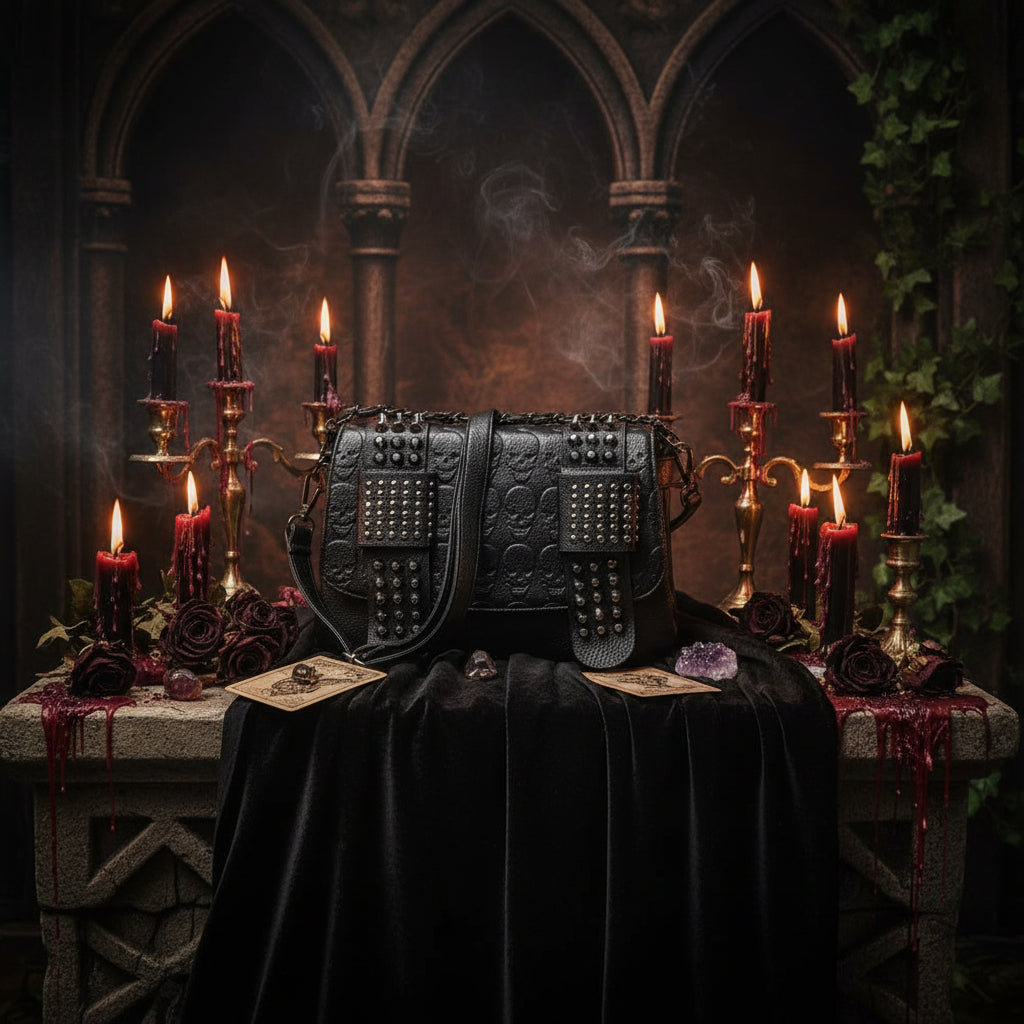 Black studded handbag with skull designs on a white background
