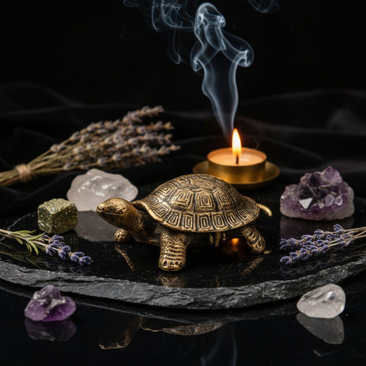 A small decorative tortoise figurine with an antique brass or bronze finish, standing on a gray stone surface with a piece of driftwood in the background.