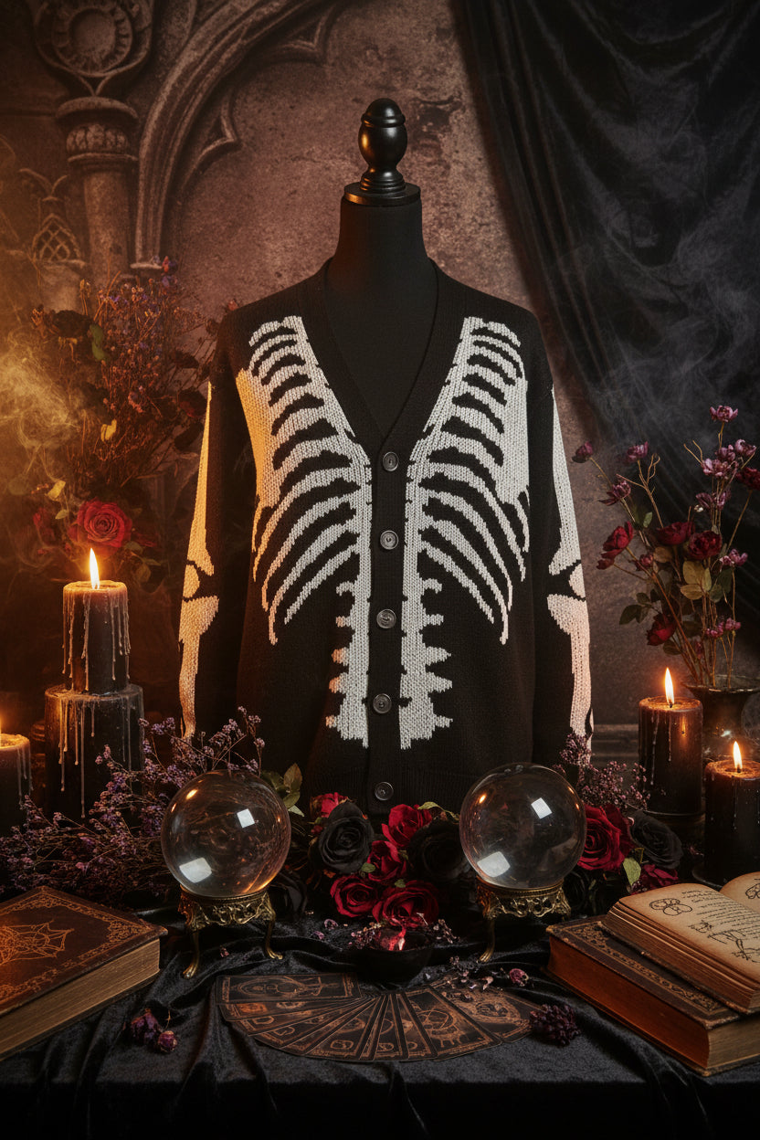 Black cardigan with white skeleton design on a white background