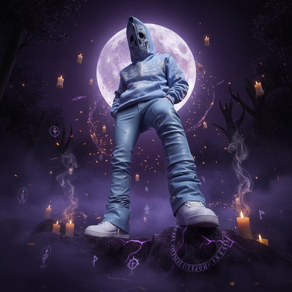 Person wearing a light blue hoodie and pants with a unique mask against a blue sky.