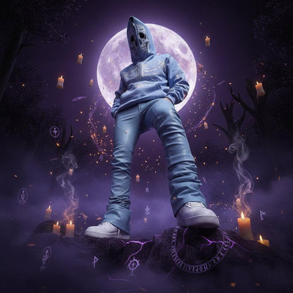 Person wearing a light blue hoodie and pants with a unique mask against a blue sky.