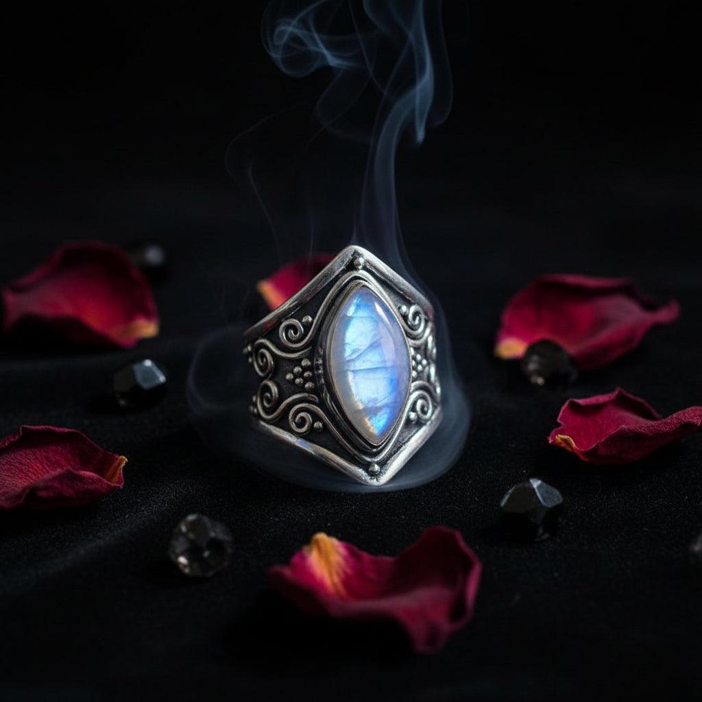 Silver ring with a large gemstone on a wooden surface