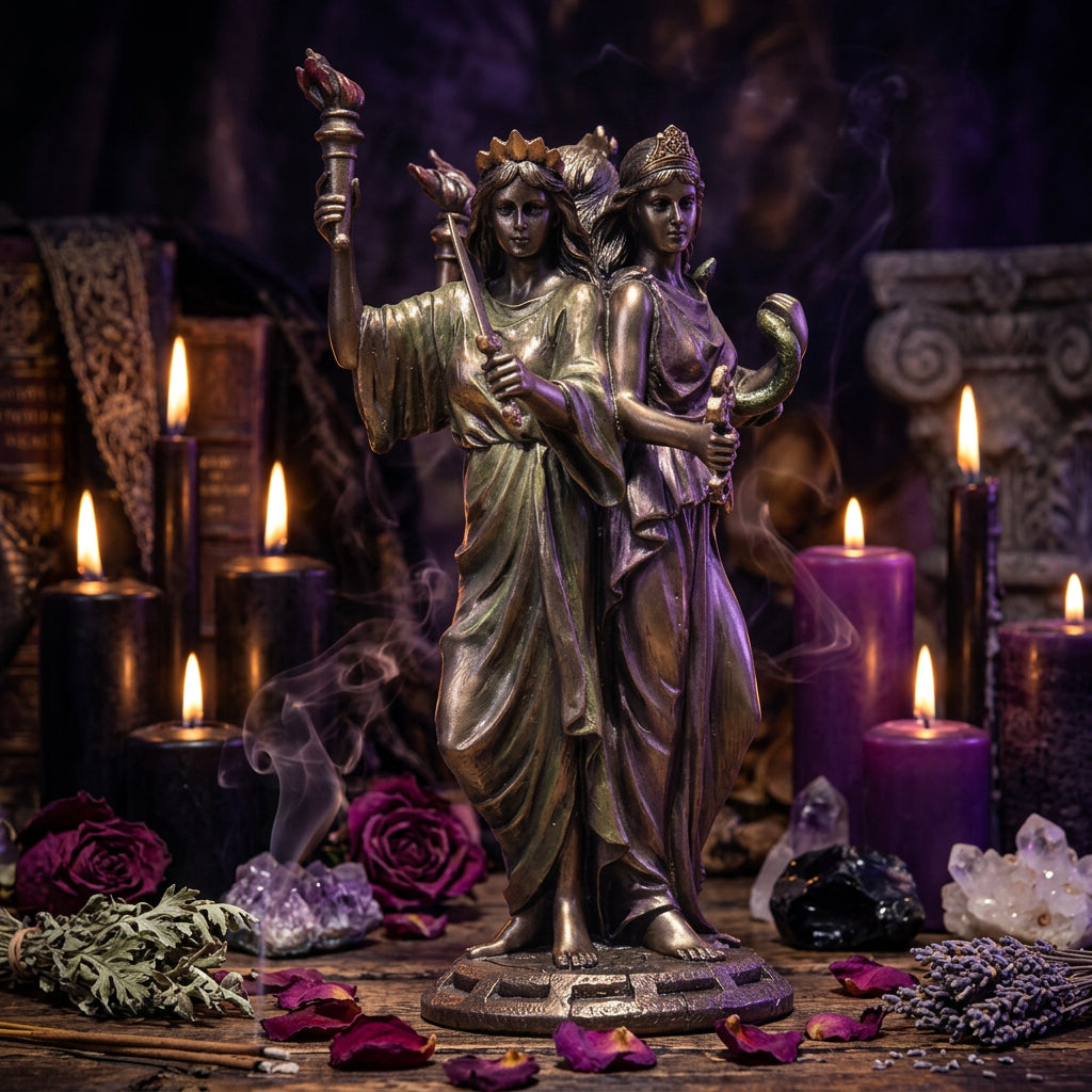 A bronze-finished statue of two draped female figures standing together on a decorative base, one holding a torch and the other holding a curved object, photographed against a plain white background.