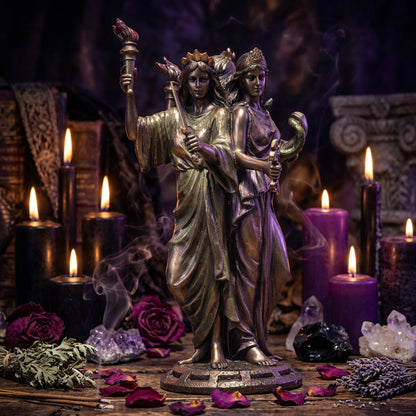 A bronze-finished statue of two draped female figures standing together on a decorative base, one holding a torch and the other holding a curved object, photographed against a plain white background.