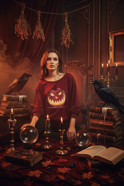 A women's off-the-shoulder long-sleeve sweatshirt in burgundy, featuring a large graphic print of a glowing jack-o'-lantern pumpkin on the front.