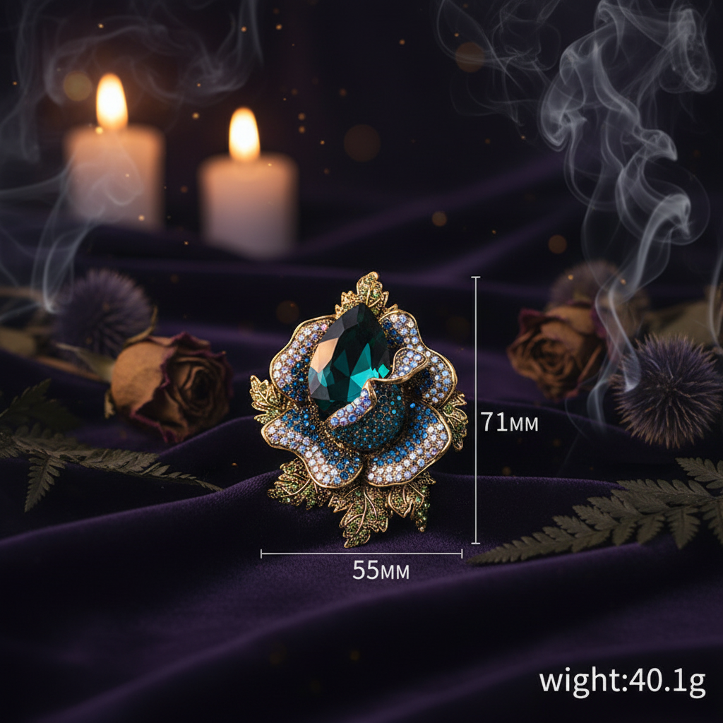 Decorative brooch with gemstones and measurements on a white background