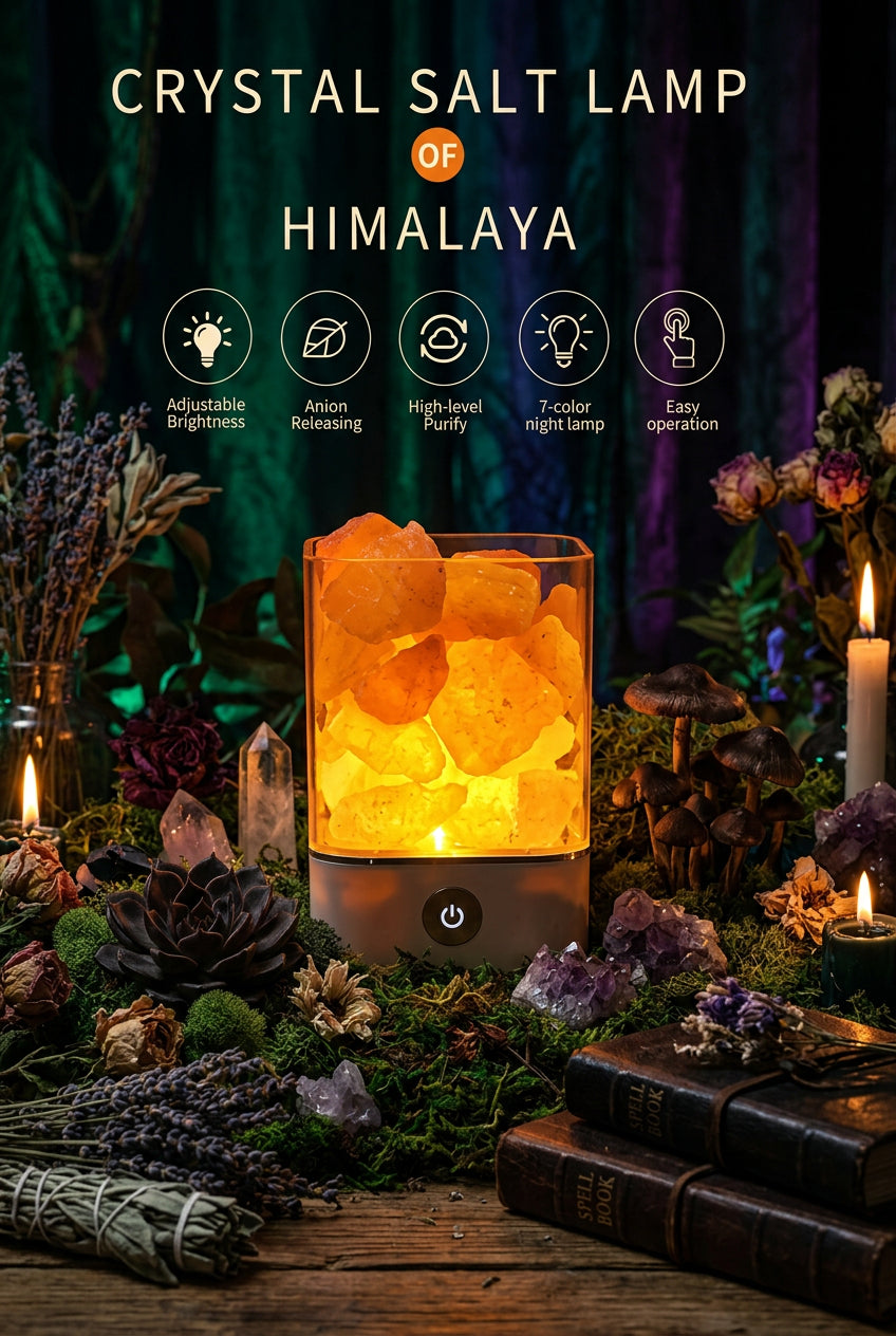 Crystal salt lamp with features listed on a warm-toned background