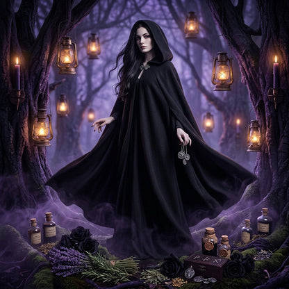 Black cloak on a mannequin against a natural background with trees and grass.