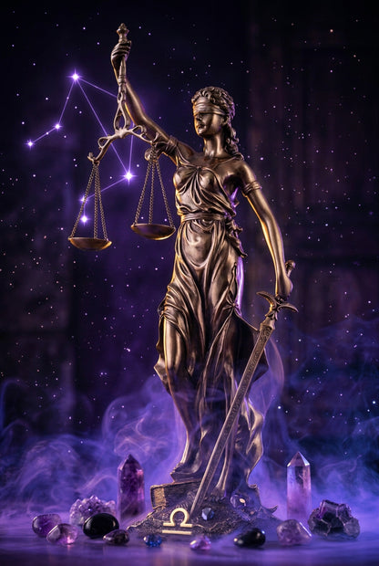 A bronze-finished statue of Lady Justice, the goddess of justice, standing on a base. She is depicted holding a sword in one hand and a balanced scale in the other, with a blindfold and draped gown.