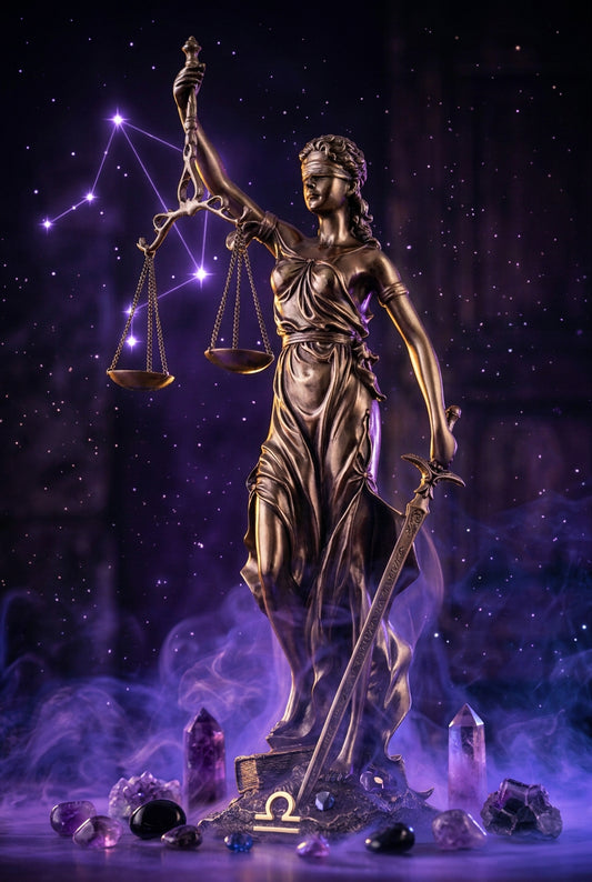A bronze-finished statue of Lady Justice, the goddess of justice, standing on a base. She is depicted holding a sword in one hand and a balanced scale in the other, with a blindfold and draped gown.