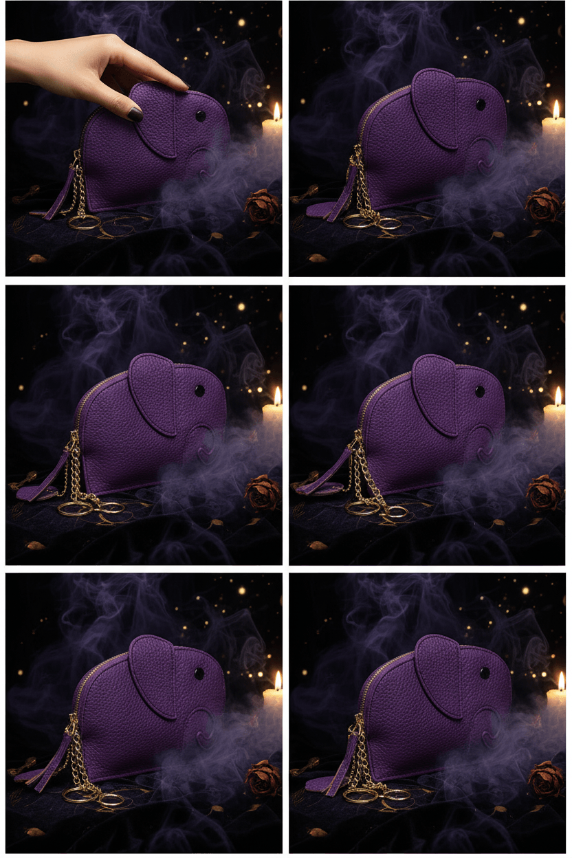 Purple elephant-shaped coin purse with gold zipper and chain, held by a hand.