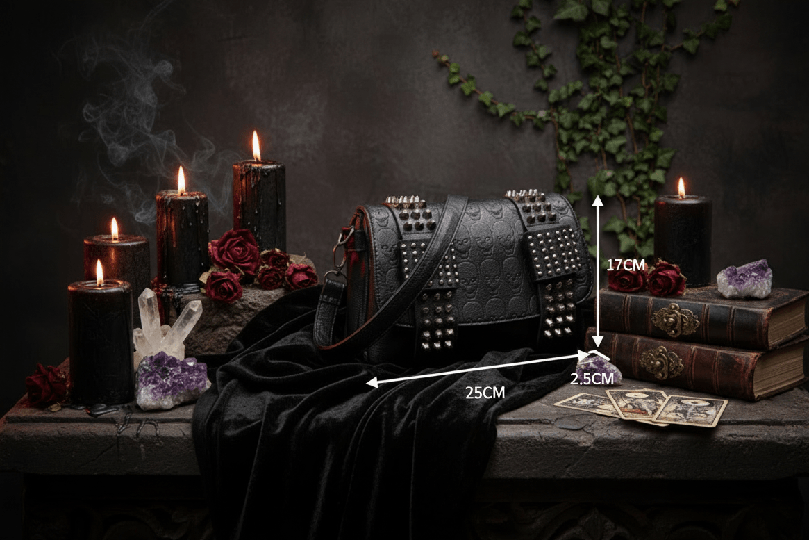 Black studded handbag with measurements on a white surface