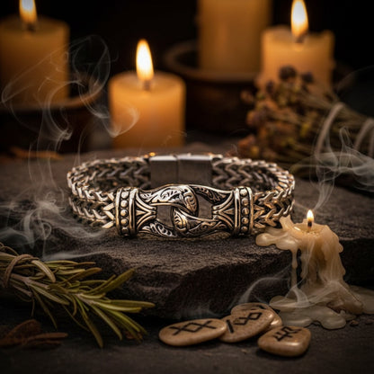 A silver-toned braided bracelet with an ornate central clasp featuring a bird motif, displayed on a dark textured stone surface.