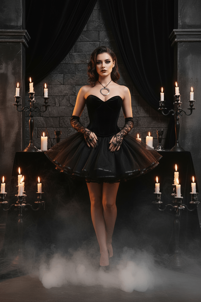 A black tulle tutu skirt displayed on a white mannequin dress form against a light indoor wall, with a decorative white birdcage and lace table setting in the background.